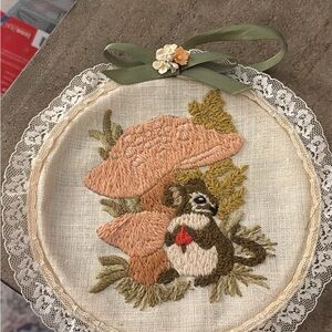 Columbia Minerva Crewel Mouse With Mushroom Completed Vintage 1977 Embroidered
